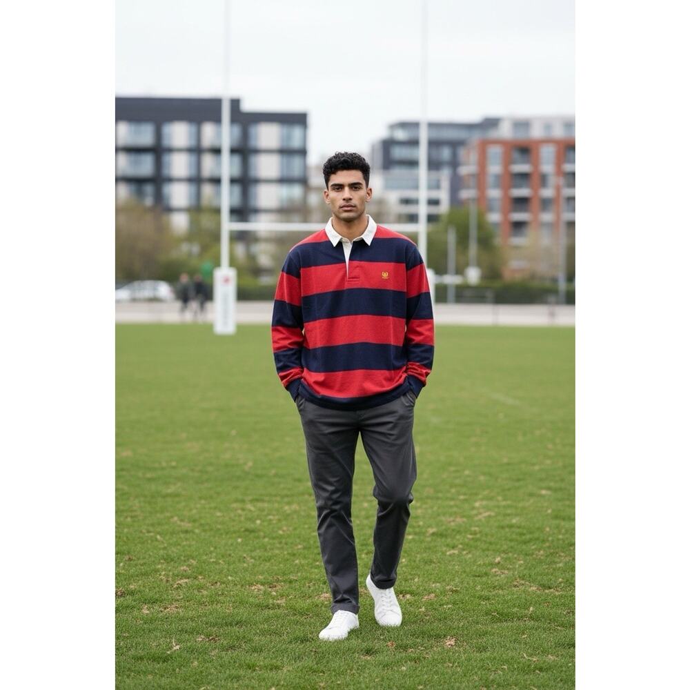 VTG Y2K Chaps Men's XL Navy Blue Blue White Rugby Long Sleeve Shirt Preppy